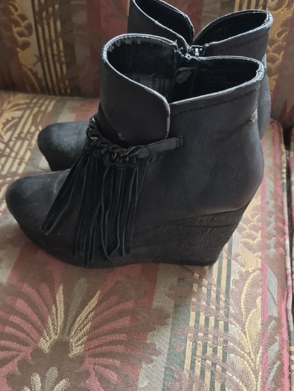 Sbicca Black Vegan Leather Platform Wedge Fringe Ankle Boots with Braided Accent